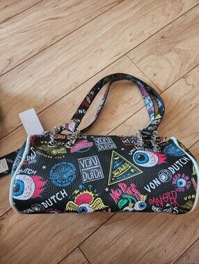 Von Dutch Black Mini Shoulder Bag with Multicolor Logo Graphics